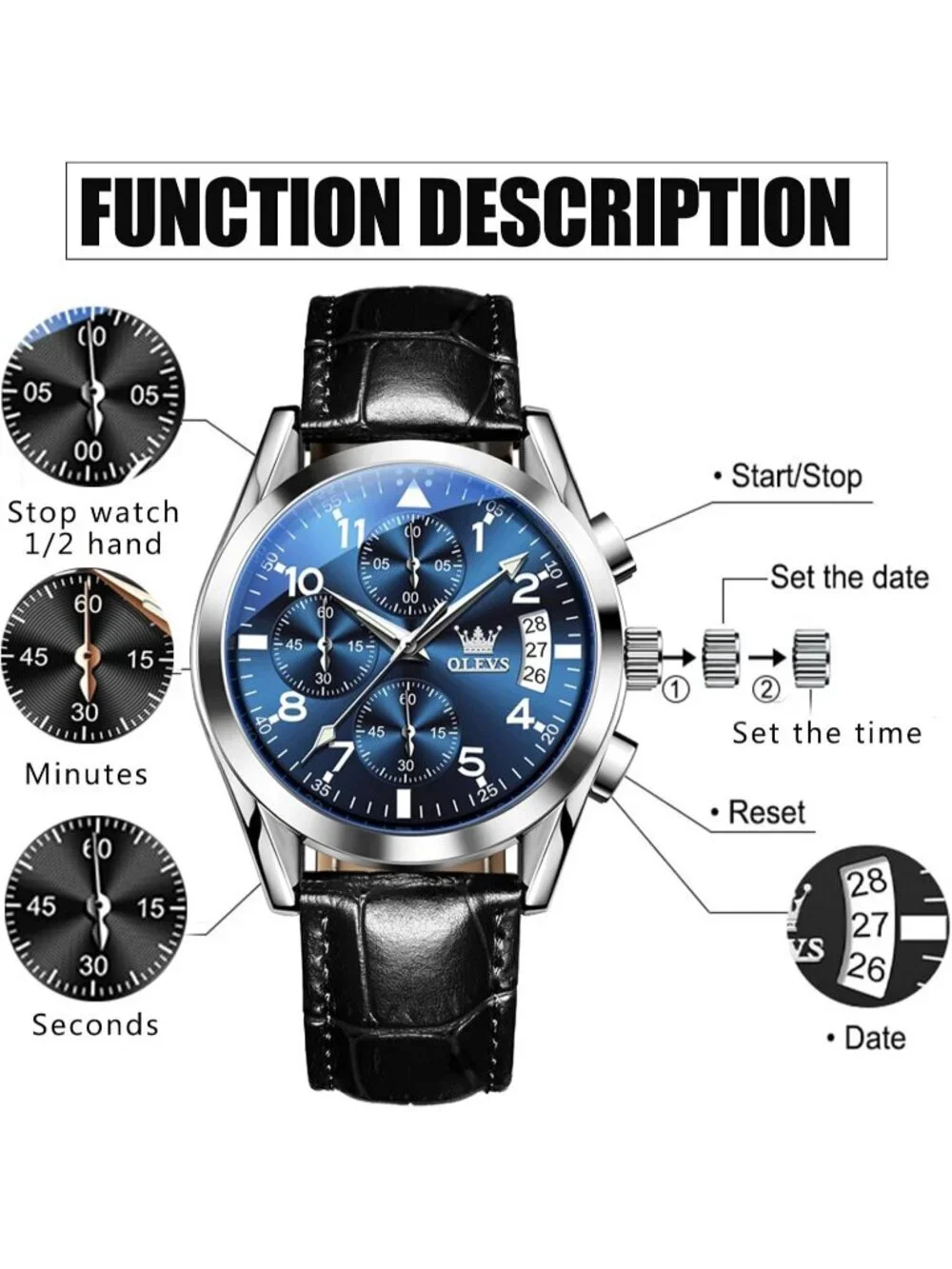 Men's Silver Large Face Black Leather Analog Quartz Chronograph Waterproof Watch